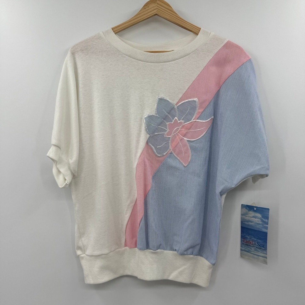 Vintage Land N Sea Shirt Womens Medium Pink White Colorblock Batwing 80s
